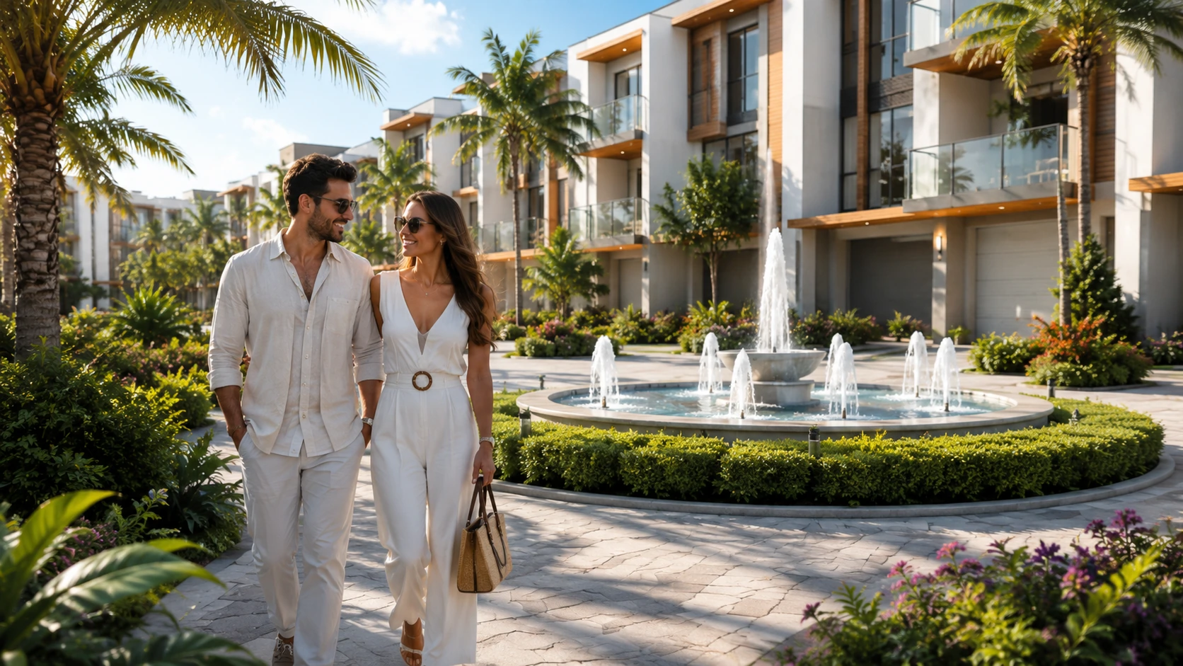 Residents walking beside the landscaped River Grove Miami fountain courtyard