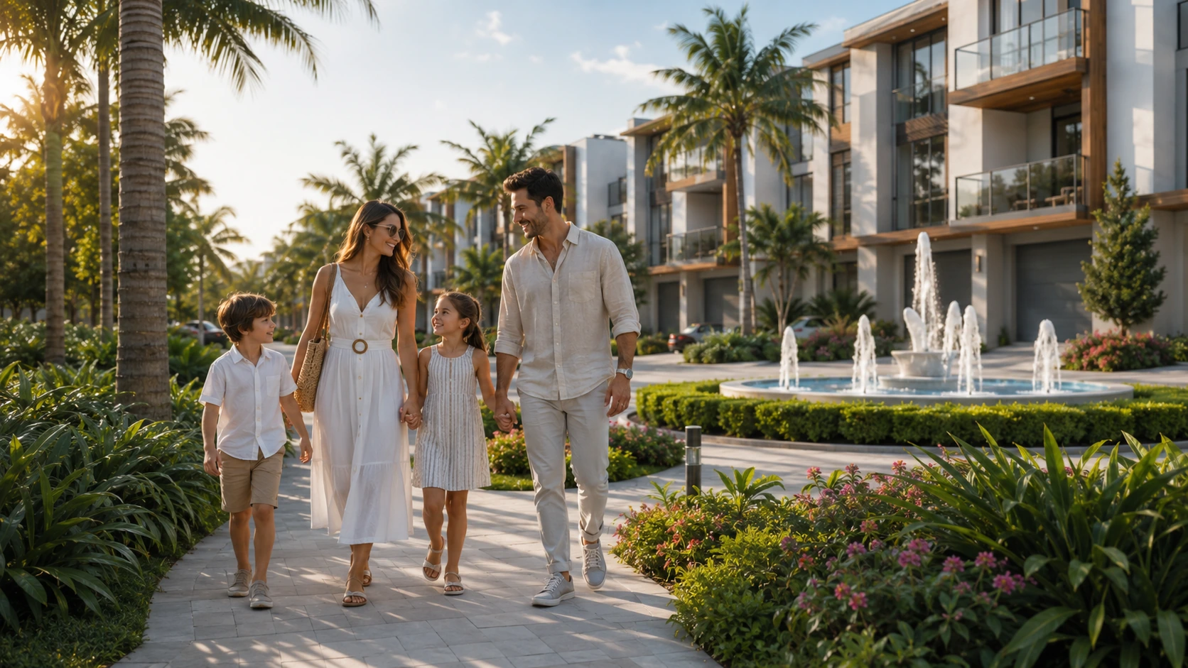 Family walking through River Grove Miami's tropical pathways