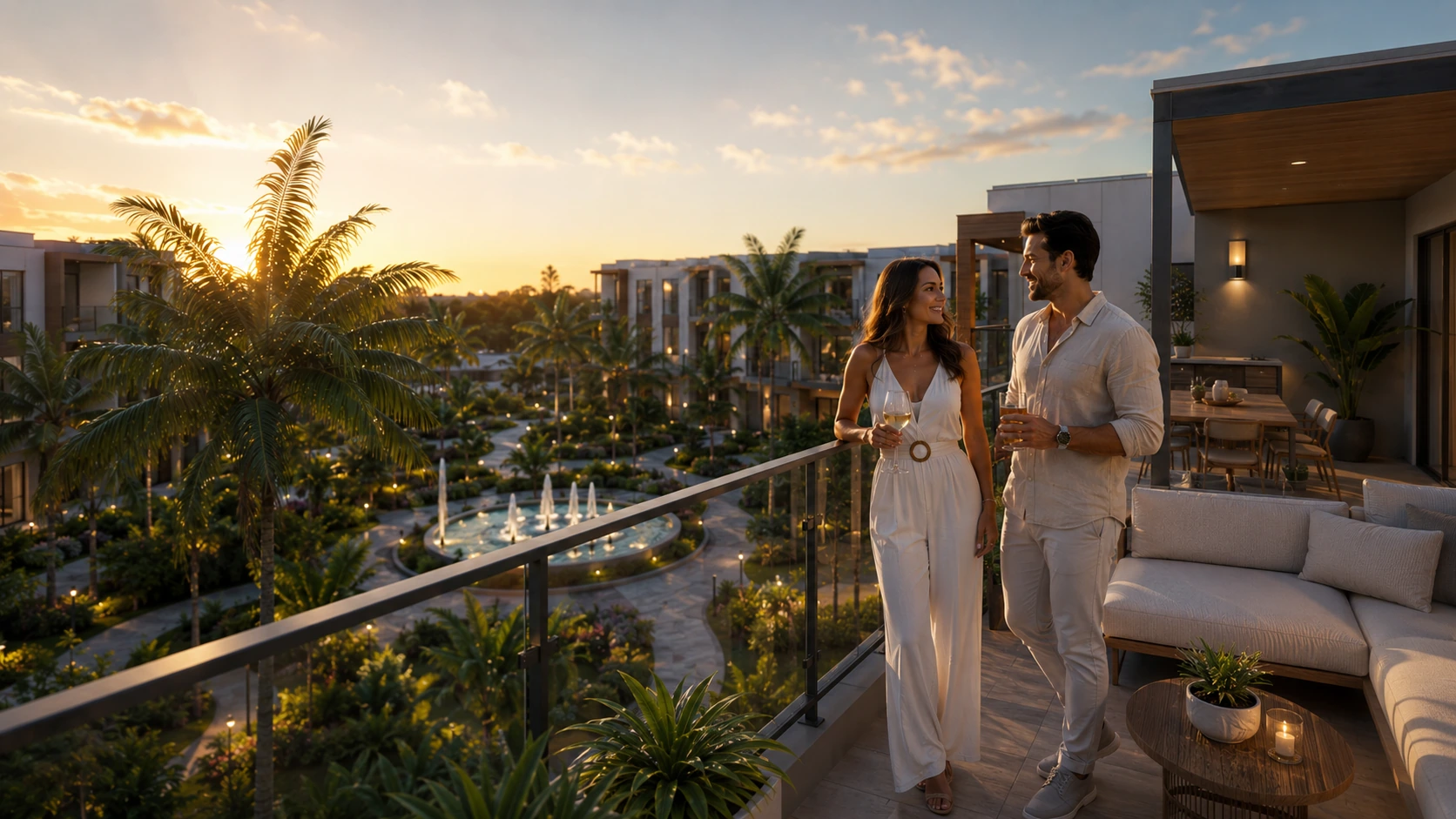 Private terrace overlooking the River Grove Miami courtyard